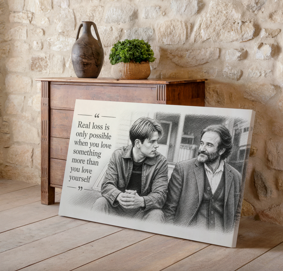 Real Loss Quote Wall Art, Good Will Hunting Inspired Print, Inspirational Movie Quote Poster, Black and White Pencil Drawing, Motivational Wall Decor, Therapy Office Art