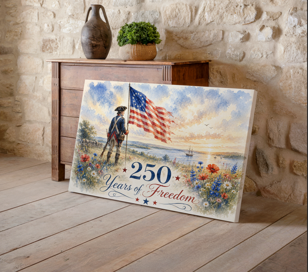 250 Years of Freedom Wall Art, America 250 Anniversary Print, Revolutionary War Patriotic Decor, Semiquincentennial Artwork, Americana Watercolor Flag