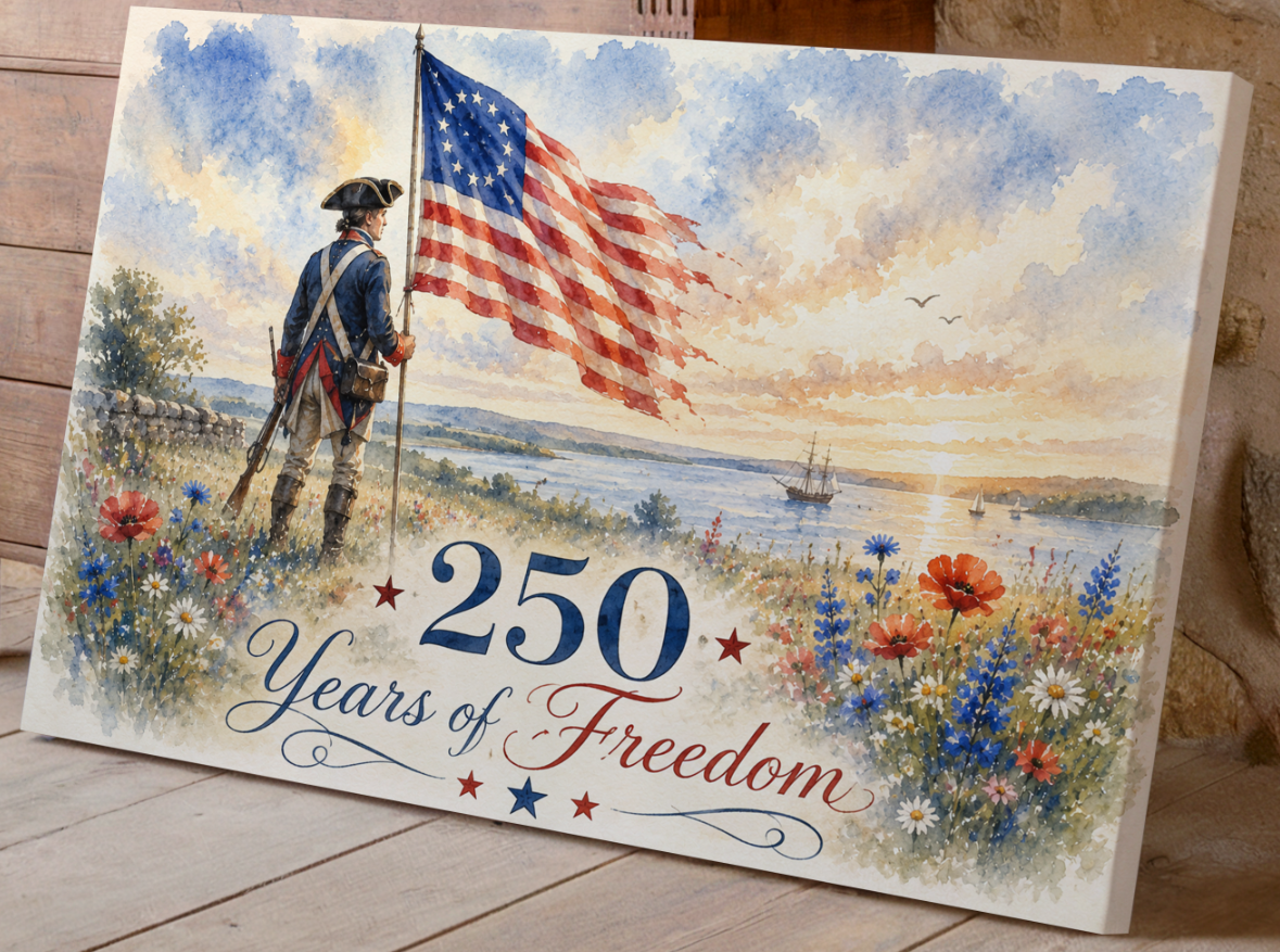 250 Years of Freedom Wall Art, America 250 Anniversary Print, Revolutionary War Patriotic Decor, Semiquincentennial Artwork, Americana Watercolor Flag