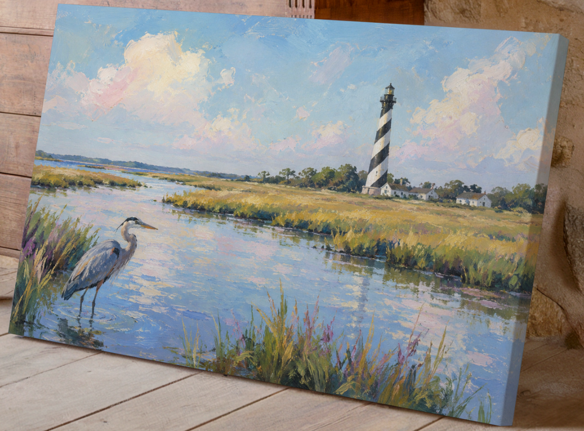 Blue Heron Marsh Painting, Low Country Wall Art, Coastal Lighthouse Landscape, Coastal Oil Painting Style Print, Beach House Decor