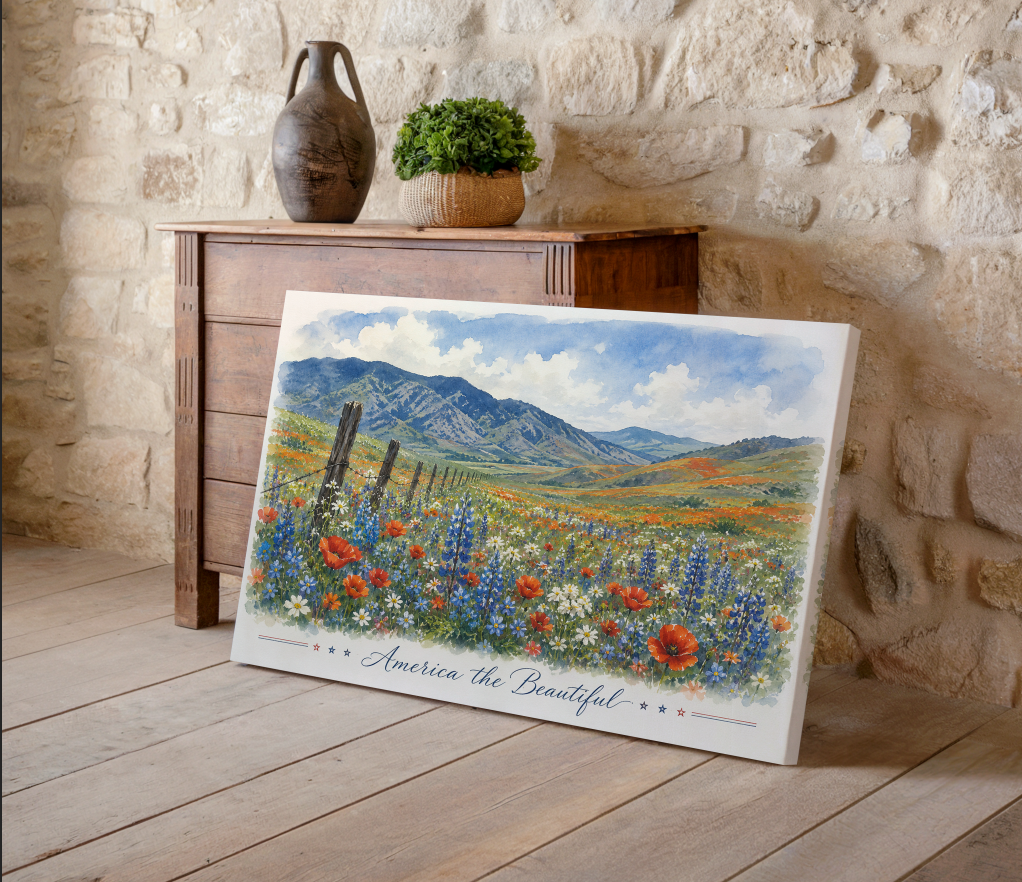 America the Beautiful Wall Art, America 250 Wildflower Landscape Print, 250th Anniversary Americana Decor, Patriotic Meadow Watercolor, Semiquincentennial Art