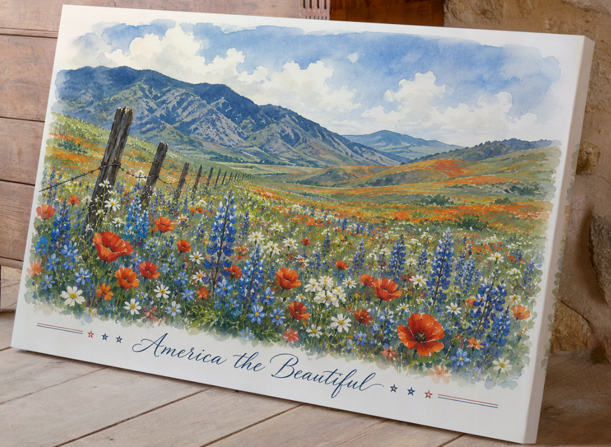 America the Beautiful Wall Art, America 250 Wildflower Landscape Print, 250th Anniversary Americana Decor, Patriotic Meadow Watercolor, Semiquincentennial Art