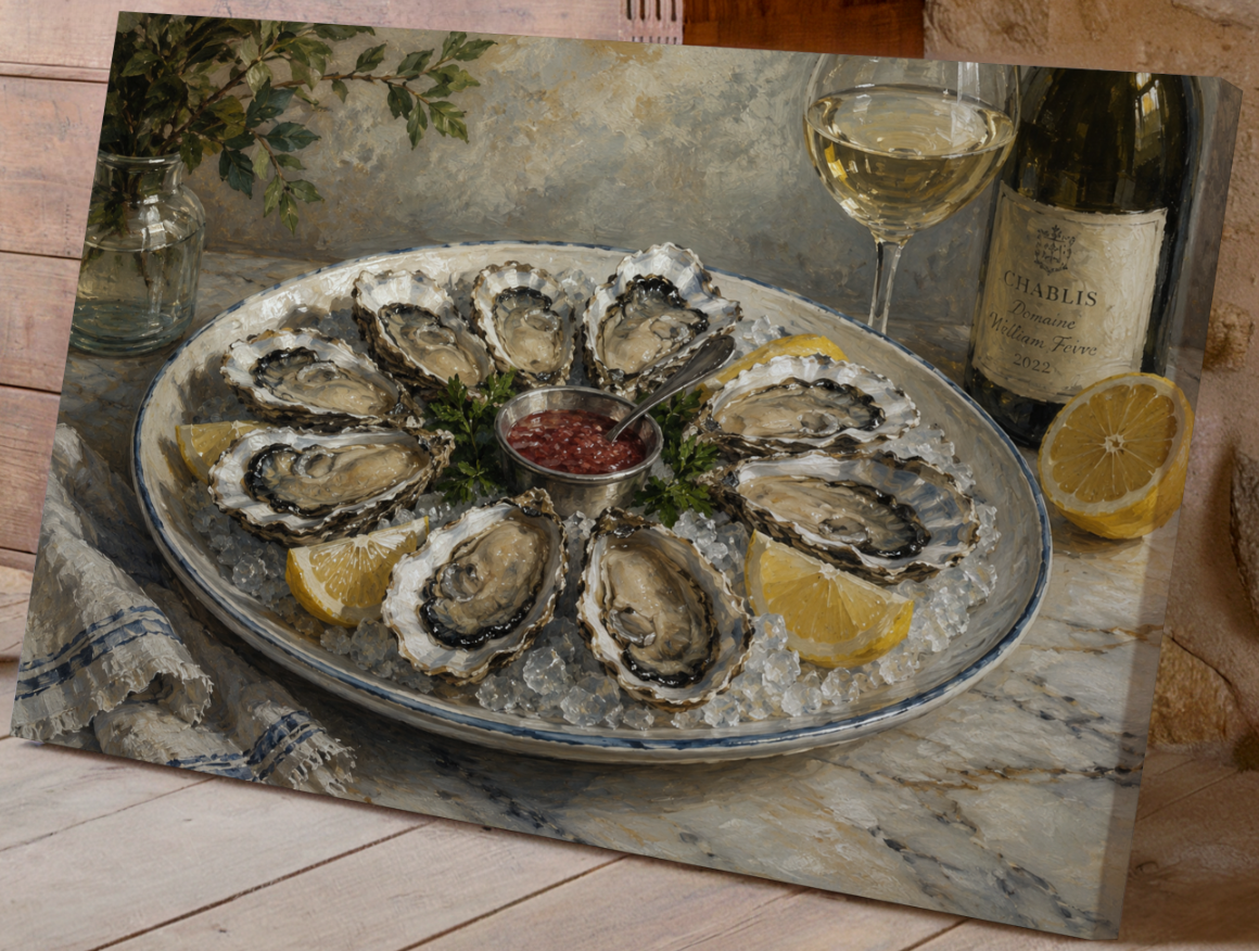 Oyster Platter Wall Art Print, Coastal Kitchen Decor, Oyster Painting, Seafood Still Life Artwork, French Coastal Wall Art, Oyster Lover Gift