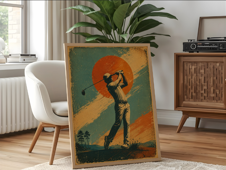 Vintage Golf Poster Print, Retro Golfer Wall Art, Mid Century Golf Decor, Golf Swing Artwork, Country Club Canvas, Golf Lover Gift