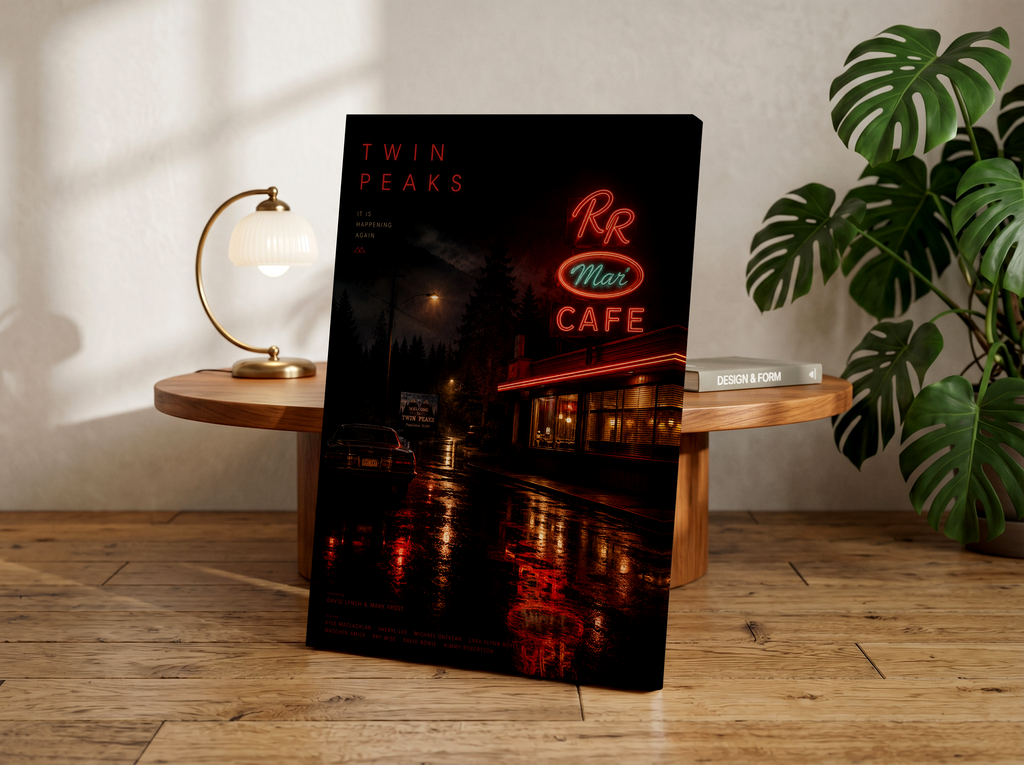 Twin Peaks RR Diner Poster or Canvas, Moody Neon Cafe Wall Art, Retro Noir TV Inspired Print, Cinematic Nightscape Decor