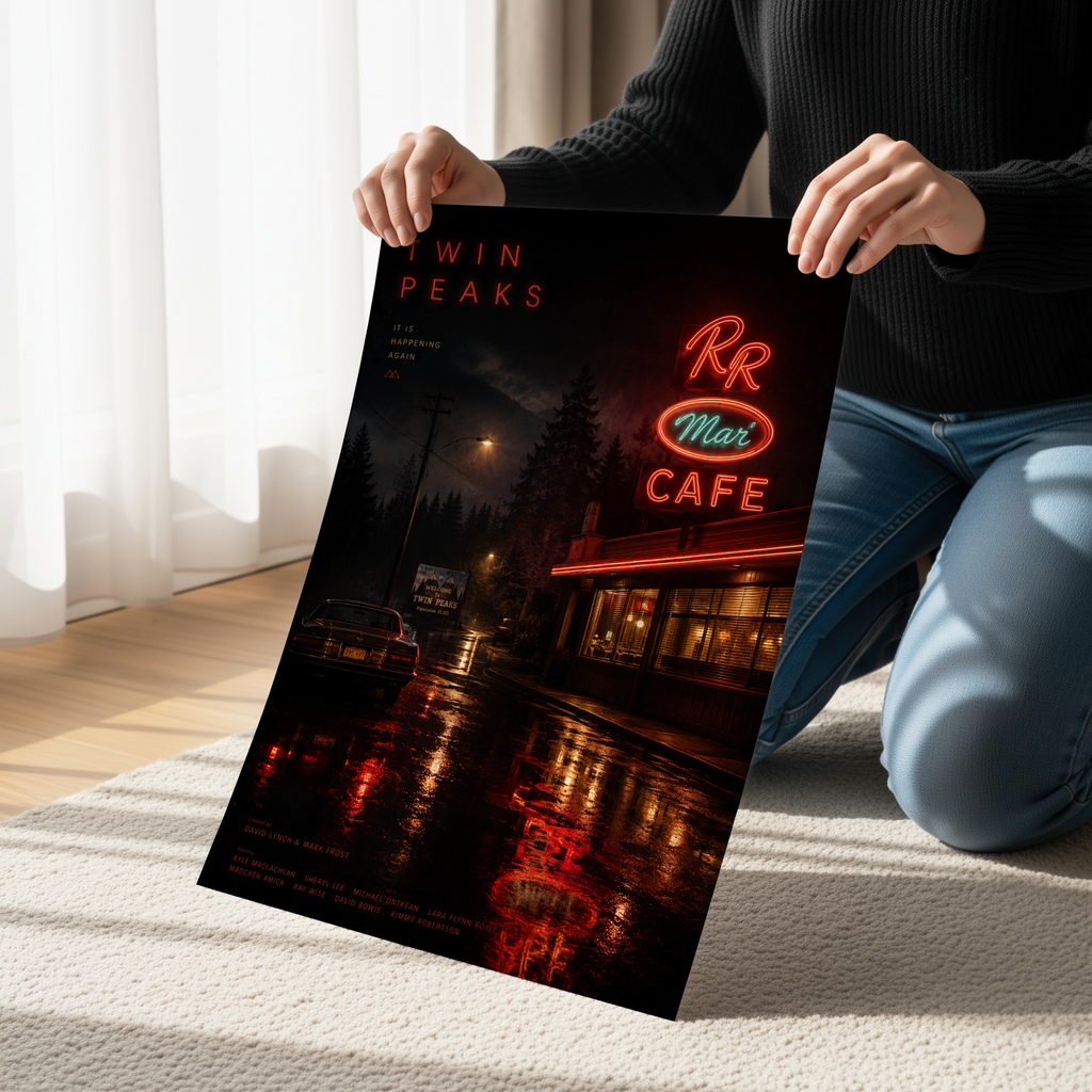 Twin Peaks RR Diner Poster or Canvas, Moody Neon Cafe Wall Art, Retro Noir TV Inspired Print, Cinematic Nightscape Decor