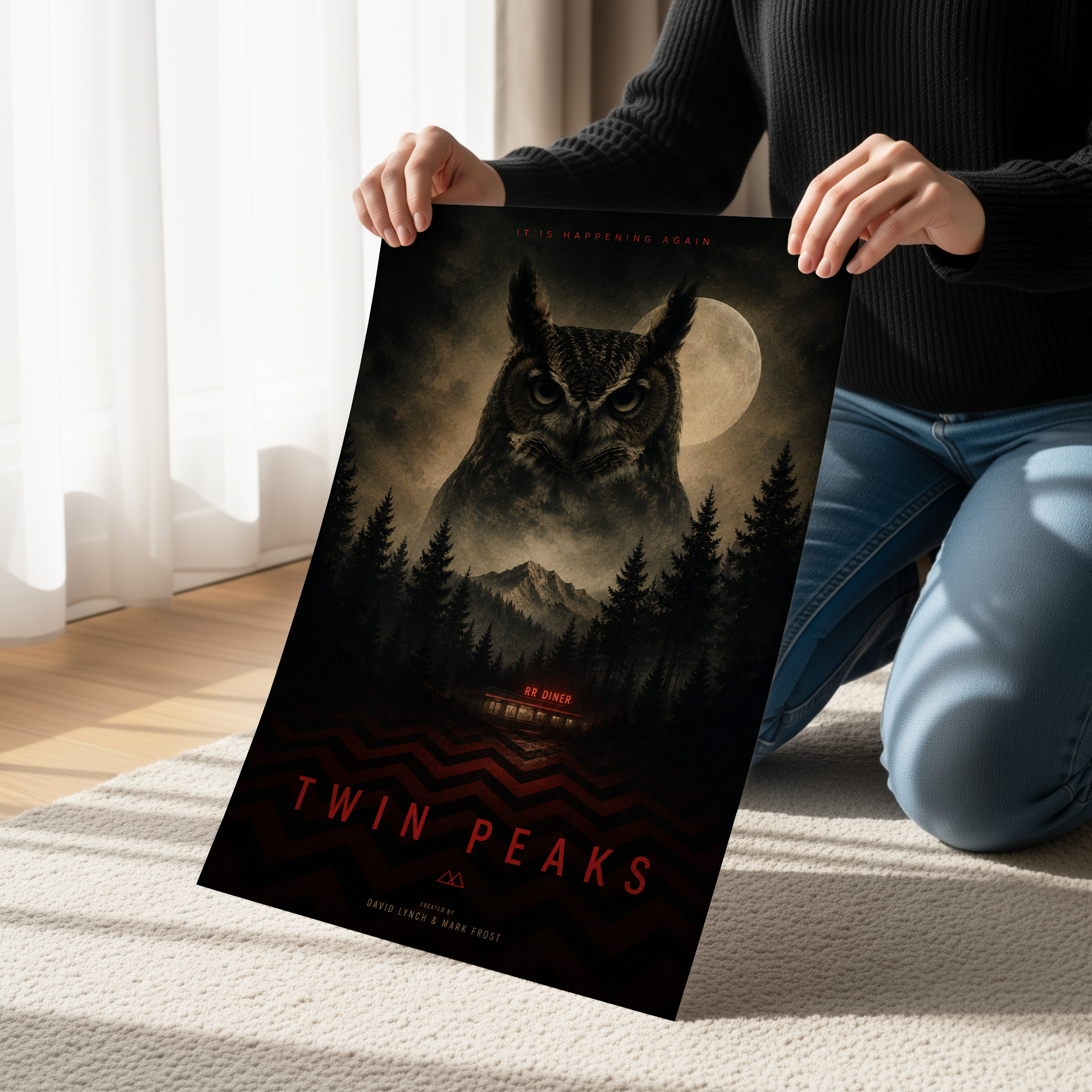 Twin Peaks Owl Poster or Canvas, Dark Surreal Forest Wall Art, Cinematic Horror Decor, Moody Owl Moonlight Print
