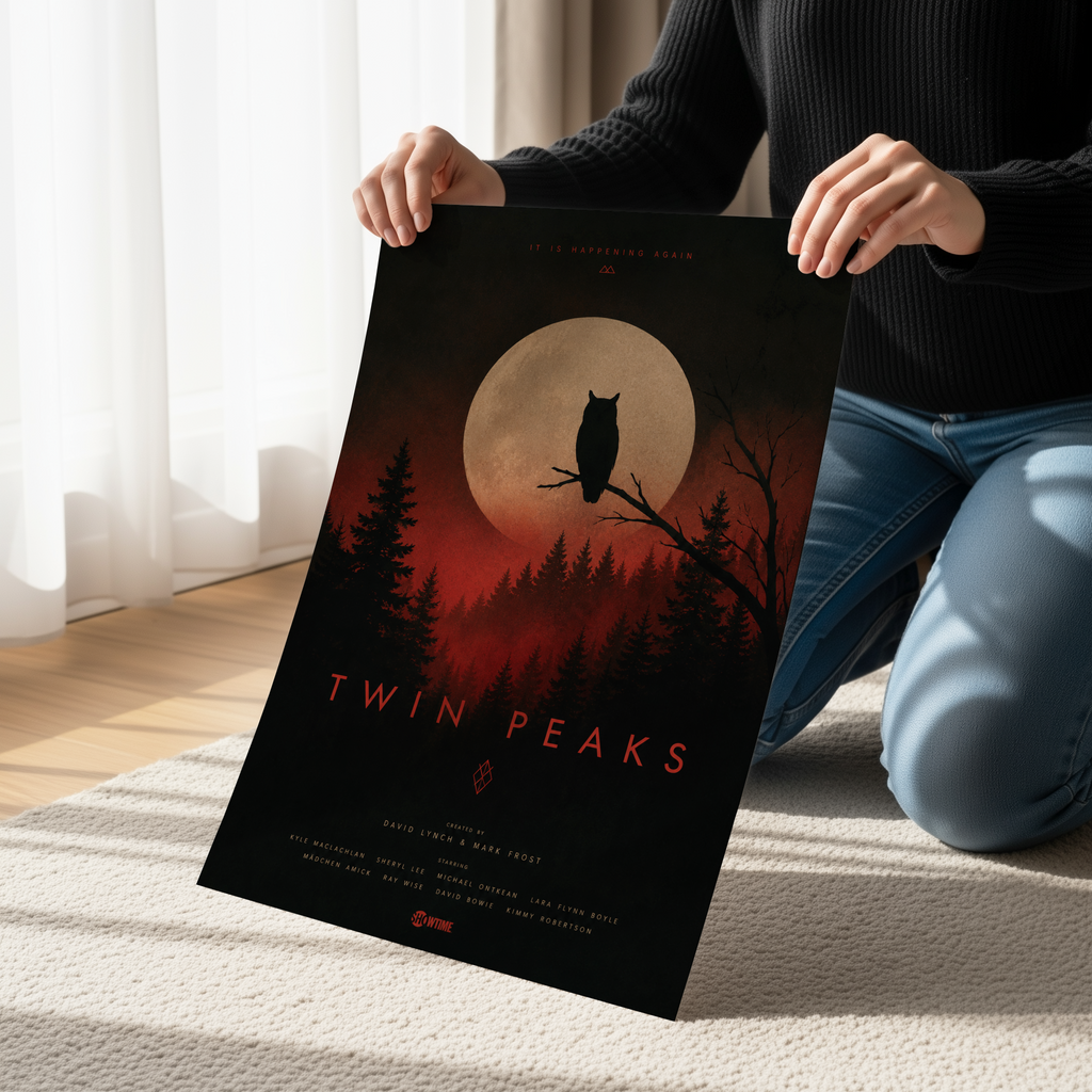 Twin Peaks Poster or Canvas, Owl Moon Wall Art, David Lynch Inspired Decor, Dark Forest Retro TV Print