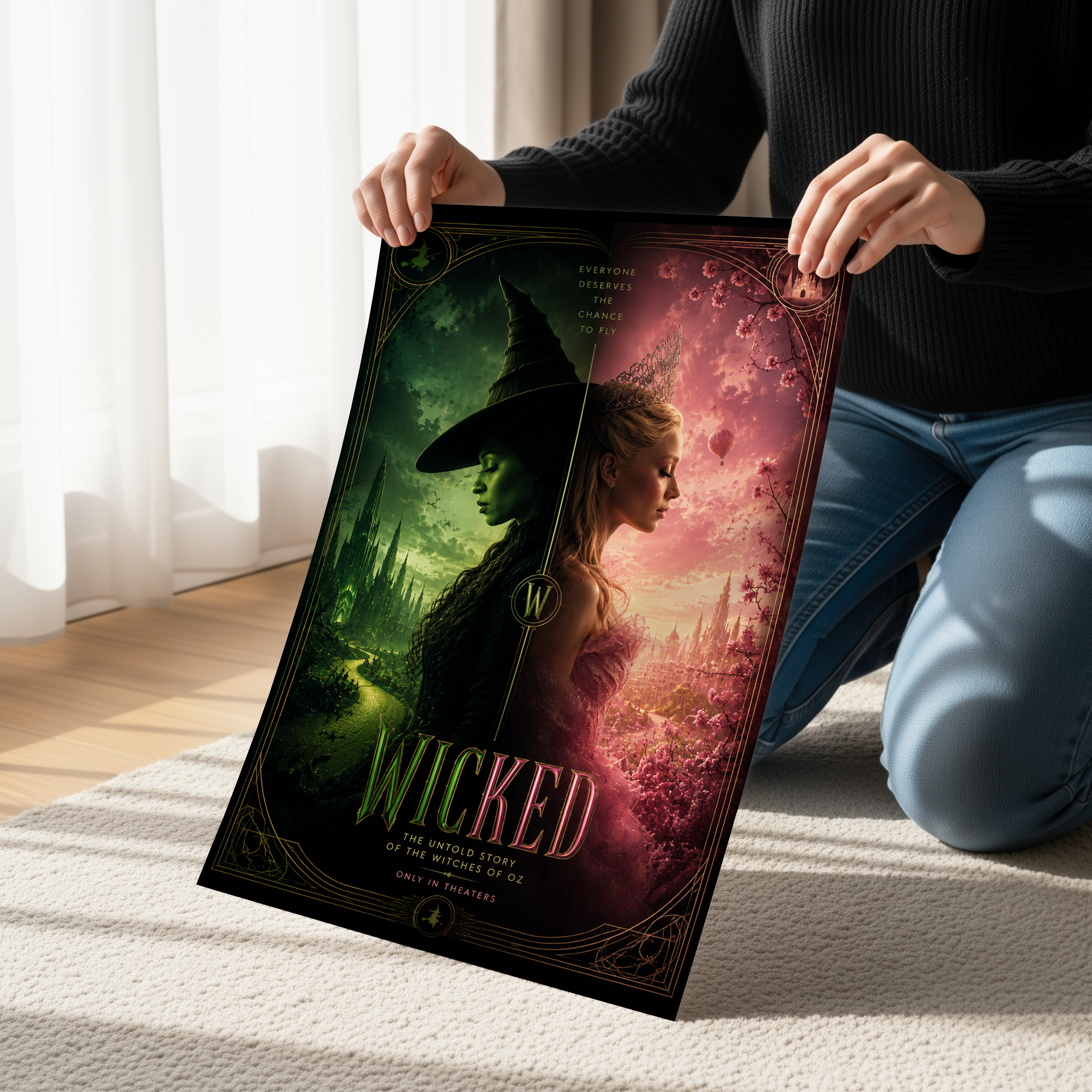 Wicked Inspired Poster or Canvas, Glinda and Elphaba Fantasy Wall Art, Emerald City Musical Decor, Pink and Green Gothic Print