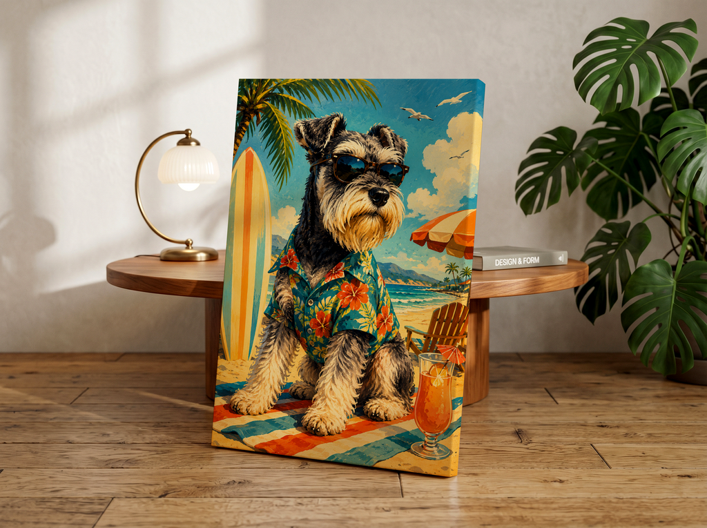 Miniature Schnauzer Beach Wall Art, Tropical Dog Portrait, Coastal Summer Decor, Surfing Schnauzer Print, Hawaiian Shirt Dog Art, Beach House Gift