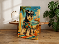 Miniature Schnauzer Beach Wall Art, Tropical Dog Portrait, Coastal Summer Decor, Surfing Schnauzer Print, Hawaiian Shirt Dog Art, Beach House Gift