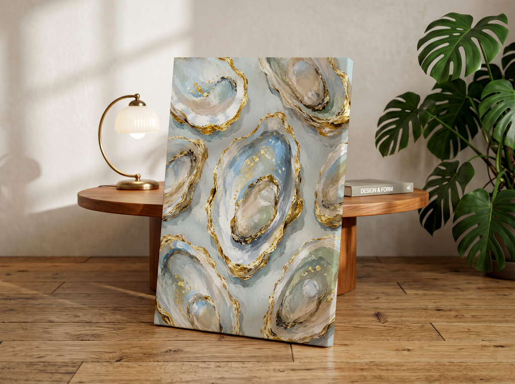 Oyster Wall Art Print, Coastal Oyster Painting, Blue and Gold Oyster Artwork, Luxury Coastal Decor, Oyster Shell Art, Beach House Wall Decor