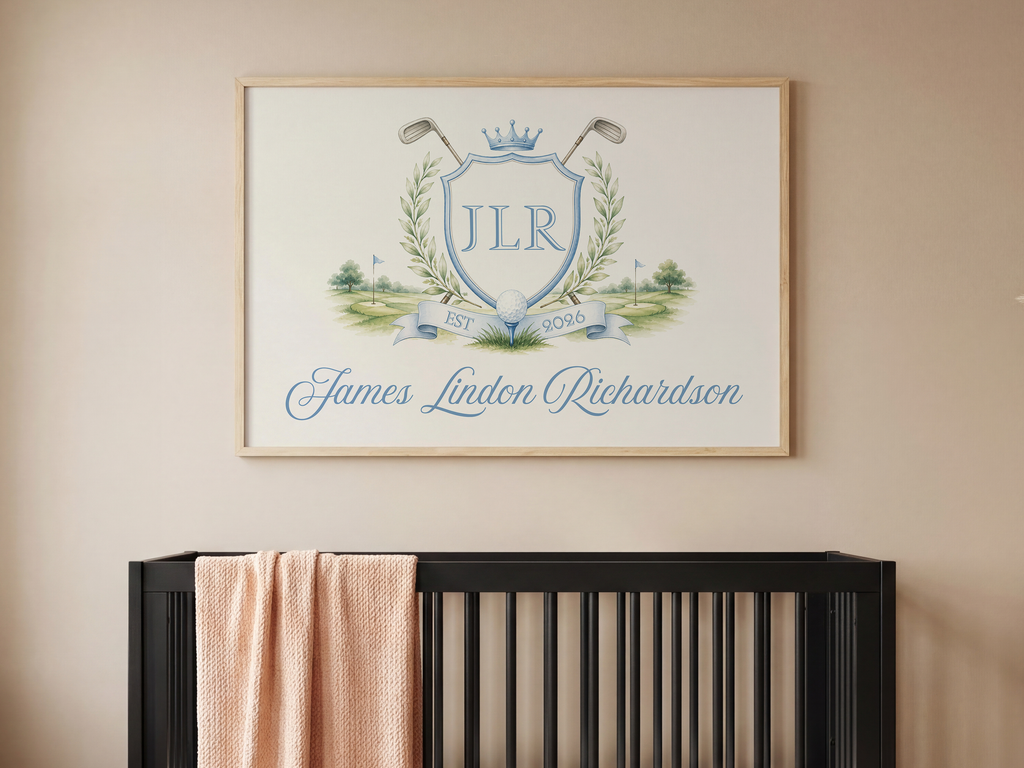 Personalized Golf Crest Nursery Print | Preppy Baby Name Wall Art