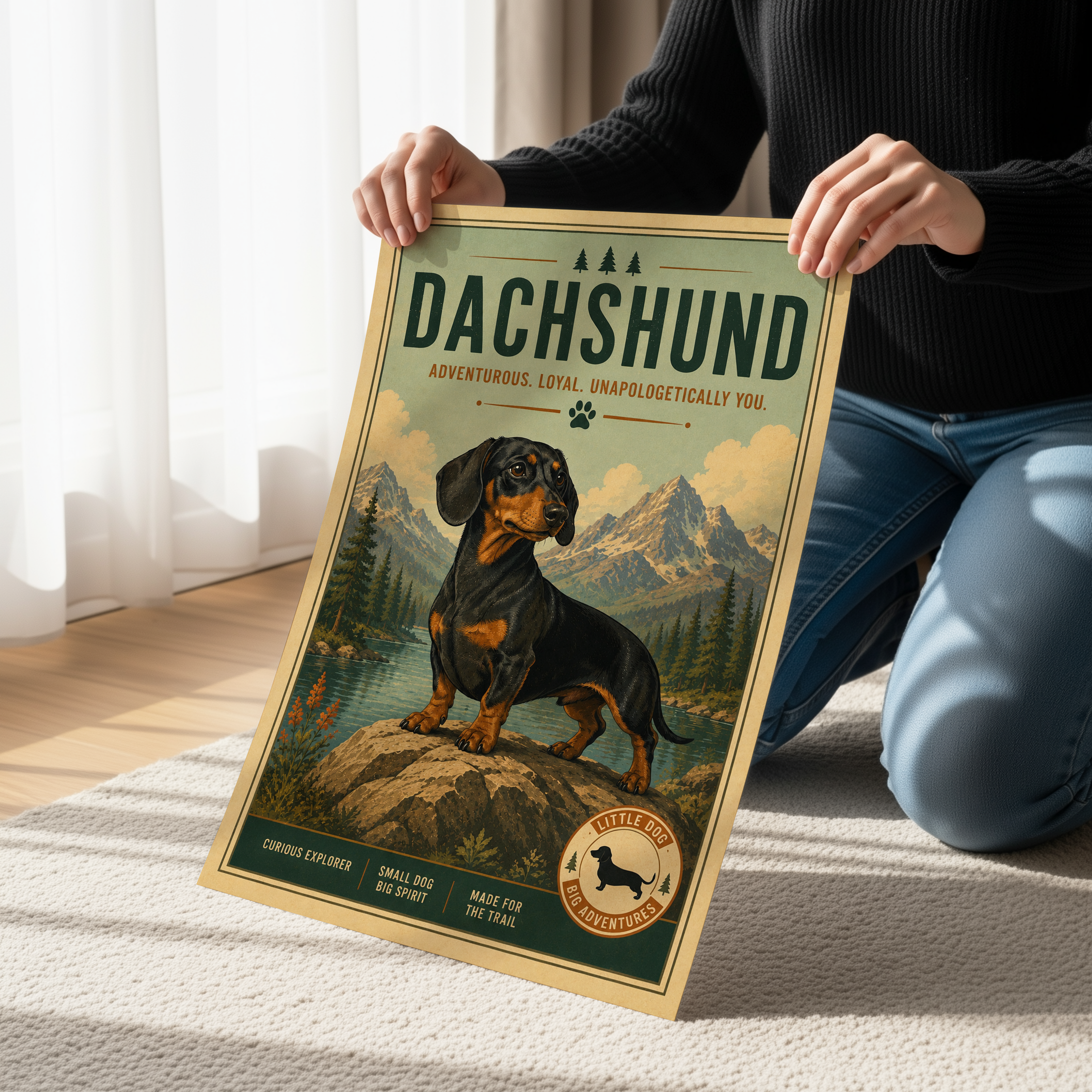 Retro Dachshund Adventure Poster or Canvas, Vintage Wiener Dog Wall Art, Rustic Mountain Pet Print, National Park Style Dog Decor
