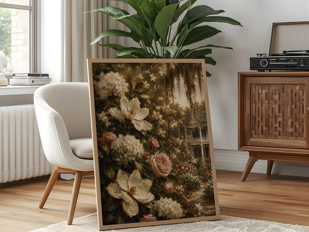 Moody Southern Garden Wall Art | Vintage Floral Landscape Canvas Print