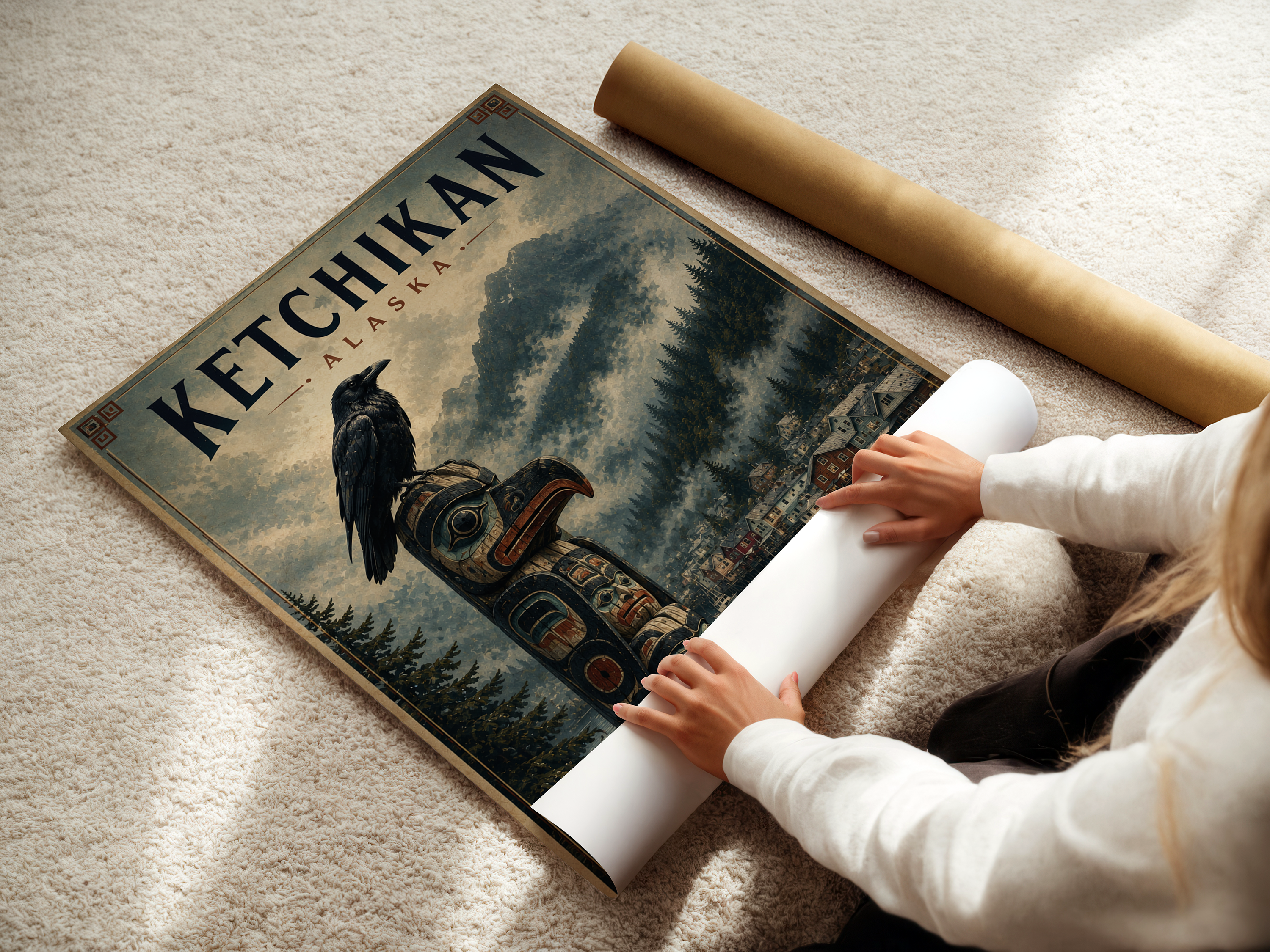 Ketchikan Alaska Totem Pole Poster | Vintage Alaska Coastal Wall Art Canvas Print