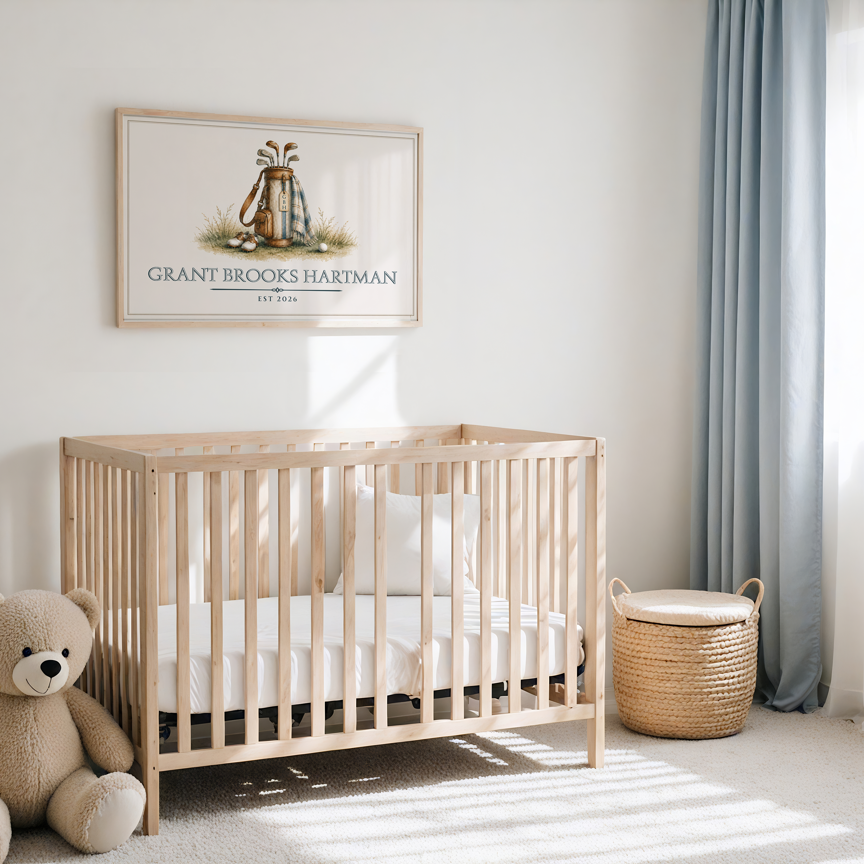 Personalized Golf Nursery Print | Vintage Golf Bag Baby Name Wall Art