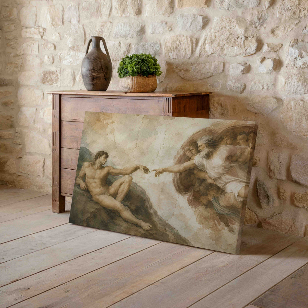 Creation of Adam Wall Art | Renaissance Ceiling Fresco Print | Classical Michelangelo Inspired Canvas