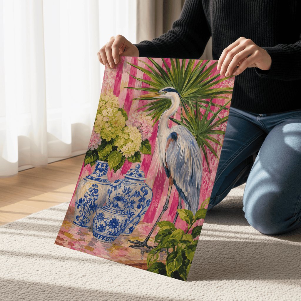 Grandmillennial Blue Heron Wall Art, Chinoiserie Coastal Decor, Pink Botanical Bird Print