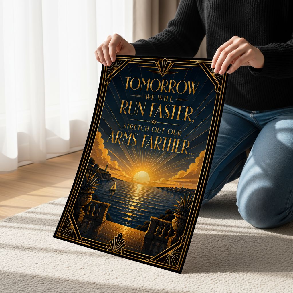 Tomorrow We Will Run Faster Poster, Great Gatsby Inspired Wall Art, Literary Quote Print, Art Deco Sunrise Decor, Motivational Book Quote Artwork