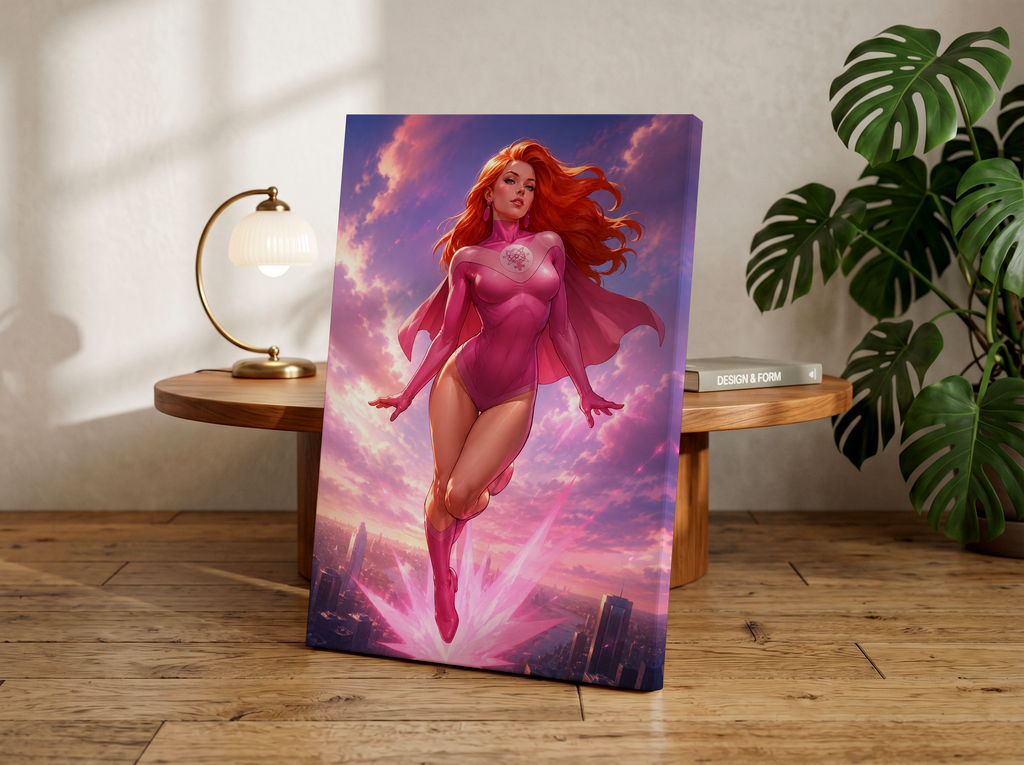 Atom Eve Poster, Invincible Superhero Wall Art, Comic Book Hero Canvas Print, Pink Superhero Artwork, Powerful Female Hero Decor