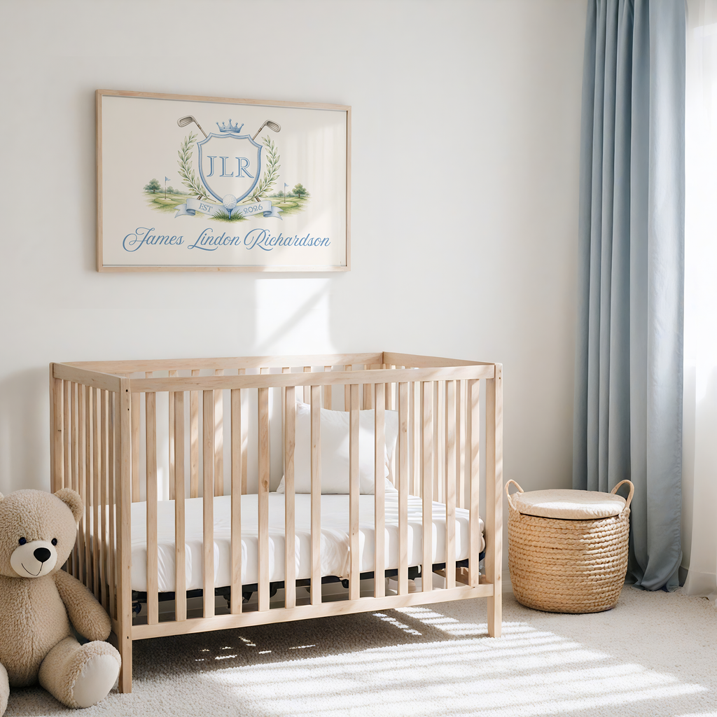 Personalized Golf Crest Nursery Print | Preppy Baby Name Wall Art