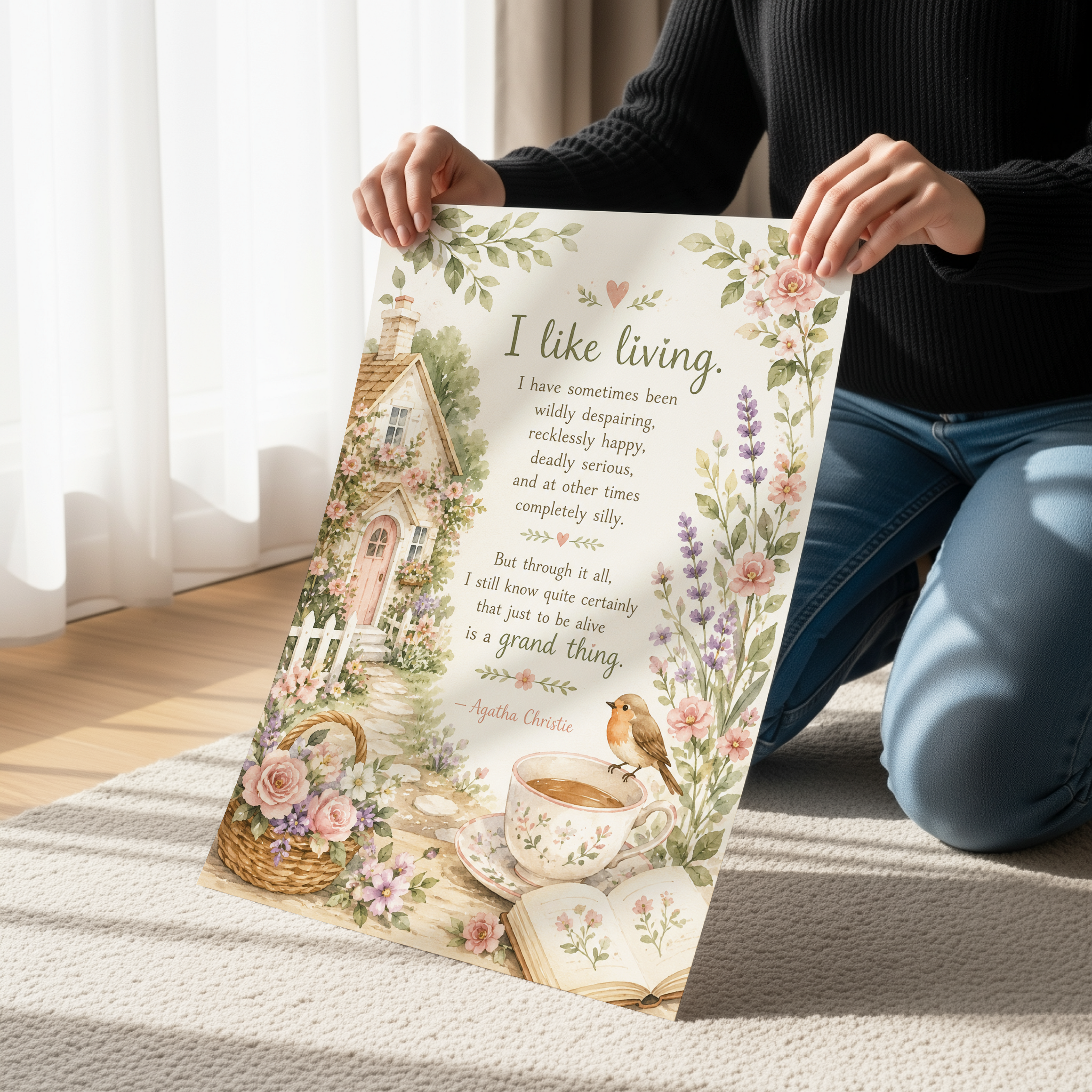 Agatha Christie Quote Poster, Cottagecore Wall Art, English Garden Watercolor Print, Cozy Cottage Decor, Literary Quote Artwork, Floral Reading Nook Art