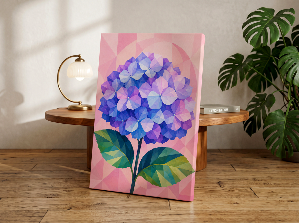 Geometric Hydrangea Wall Art, Modern Hortensia Print, Pink and Blue Floral Artwork, Polygon Botanical Decor, Contemporary Flower Wall Art