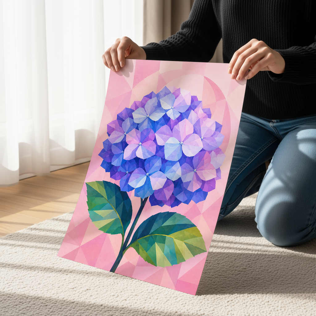 Geometric Hydrangea Wall Art, Modern Hortensia Print, Pink and Blue Floral Artwork, Polygon Botanical Decor, Contemporary Flower Wall Art