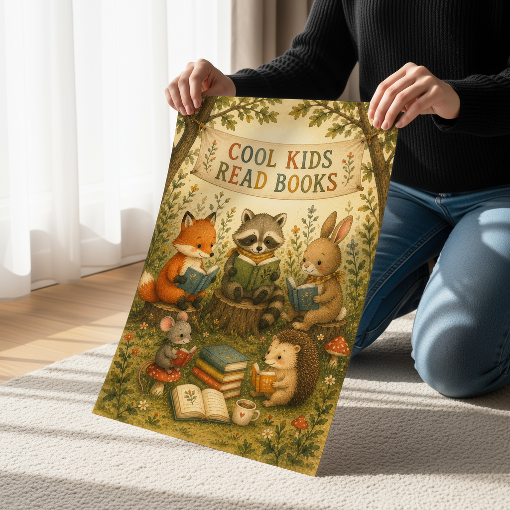 Cool Kids Read Books Animal Book Club Poster | Woodland Reading Wall Art | Storybook Nursery Decor | Forest Friends Library Print