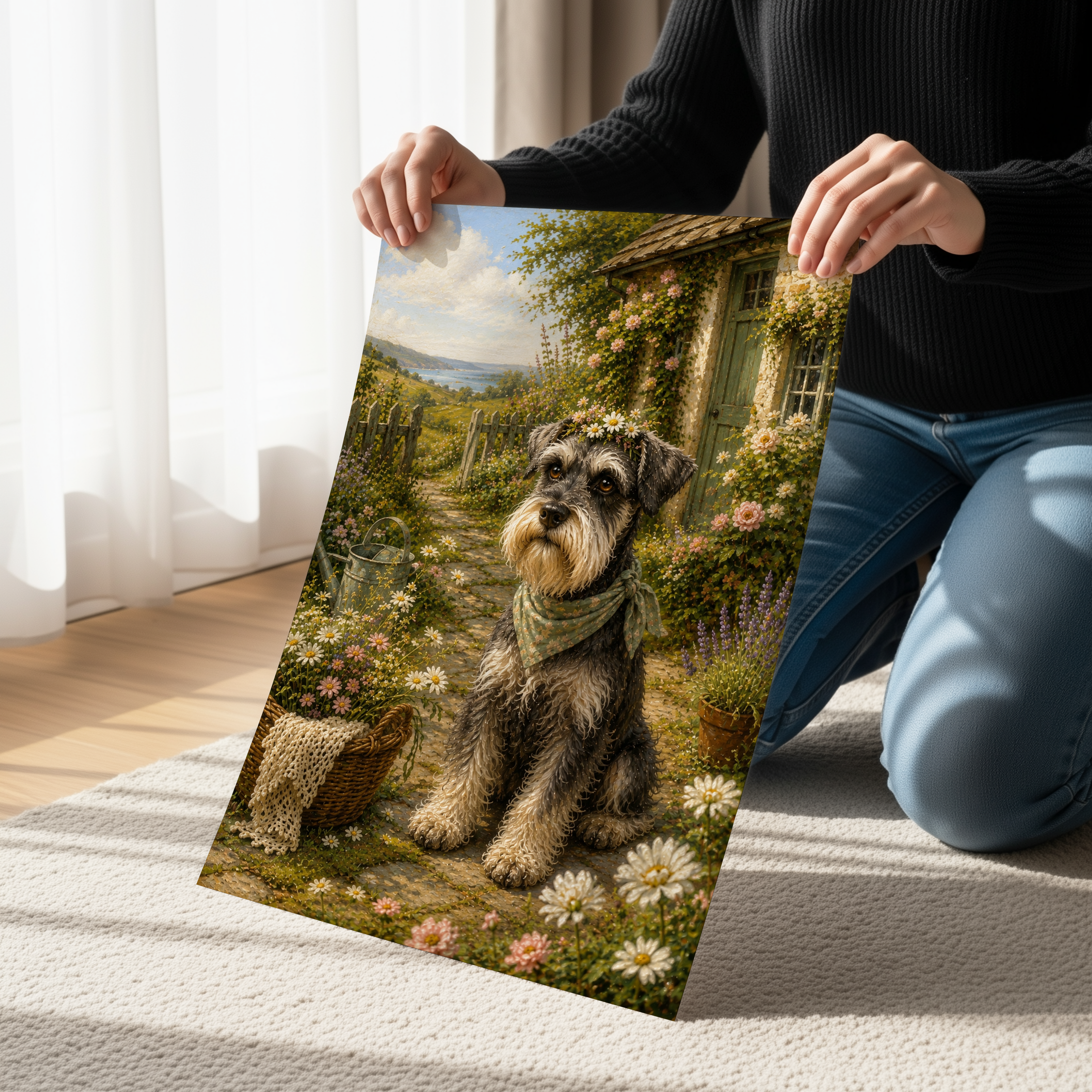Miniature Schnauzer Cottagecore Wall Art, Floral Dog Portrait, Rustic Garden Print, Country Cottage Decor, Schnauzer Lover Gift, Vintage Farmhouse Artwork