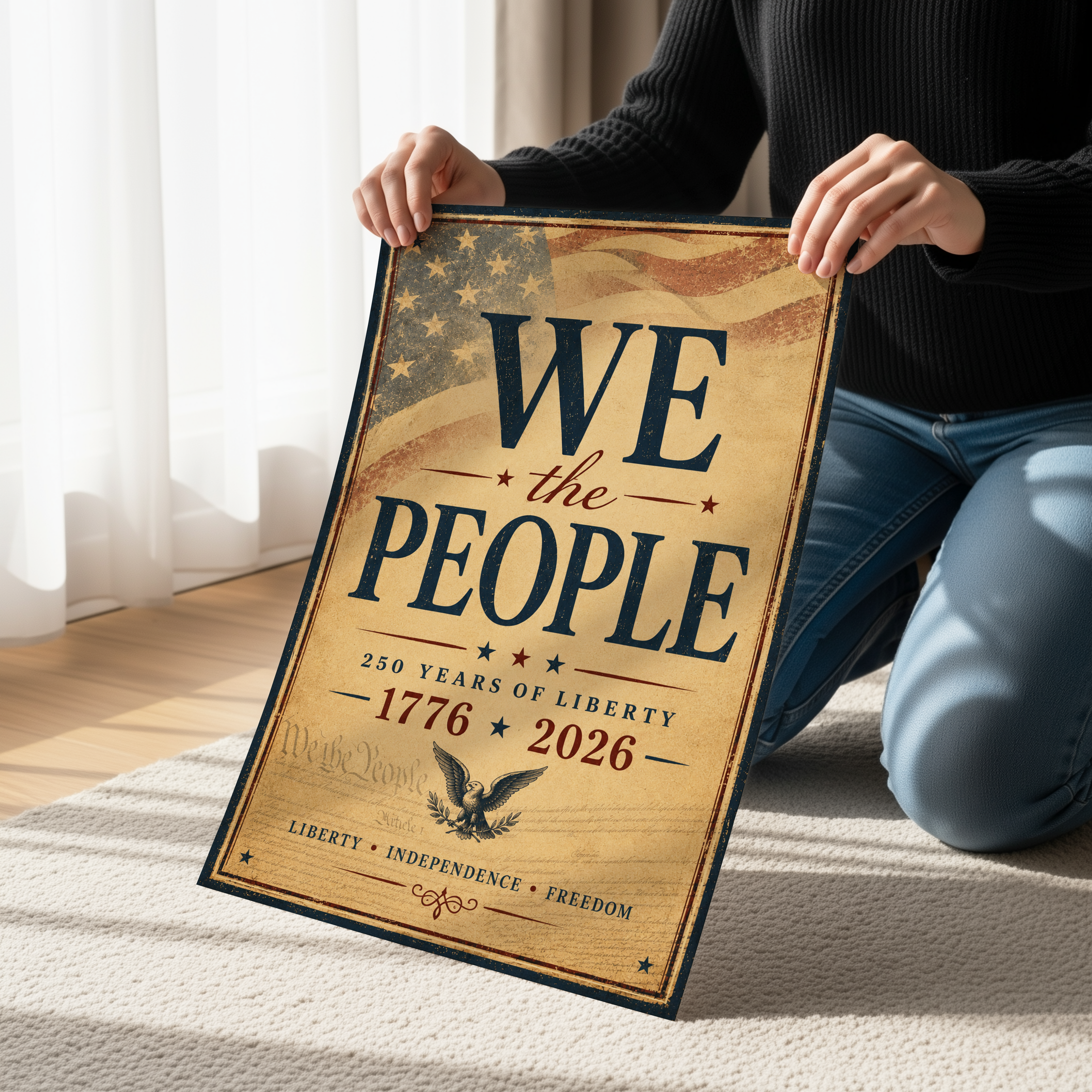 We The People Vintage Patriotic Poster, 250 Years of Liberty Wall Art, Americana Decor, Constitutional Print, 1776 2026 Independence Artwork