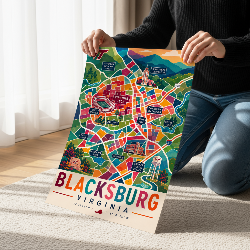 Blacksburg Map Print | Virginia Tech Wall Art | Blacksburg Virginia Map Poster | VT Campus Decor | Colorful College Town Map
