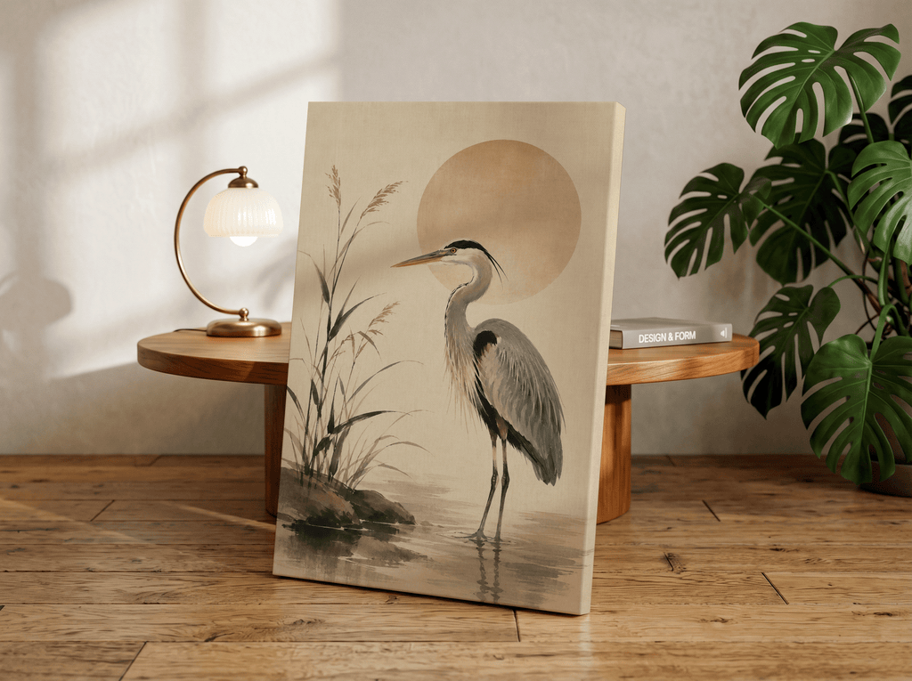 Japandi Blue Heron Wall Art, Minimalist Coastal Bird Print, Neutral Zen Nature Decor