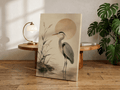Japandi Blue Heron Wall Art, Minimalist Coastal Bird Print, Neutral Zen Nature Decor