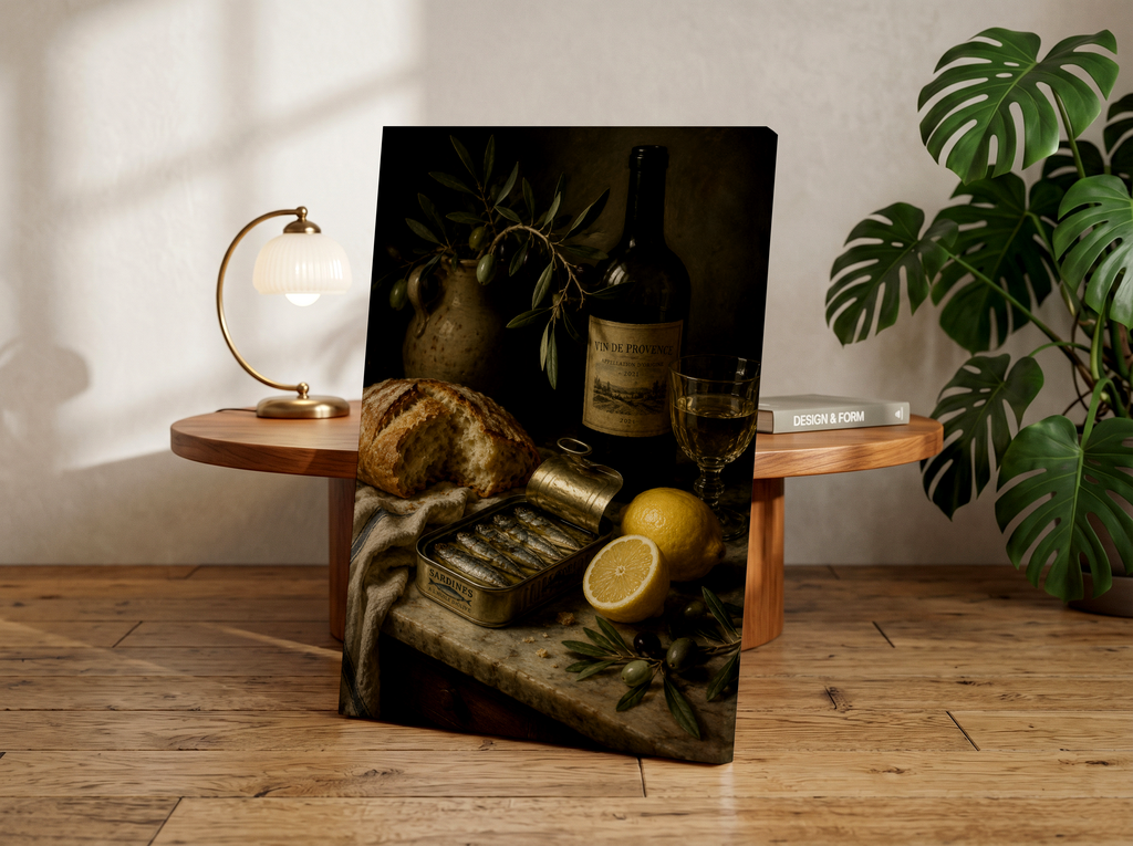 Sardine Tin Still Life Wall Art, Mediterranean Kitchen Decor, Dutch Master Inspired Food Painting, Rustic Coastal Kitchen Print, Wine and Bread Artwork