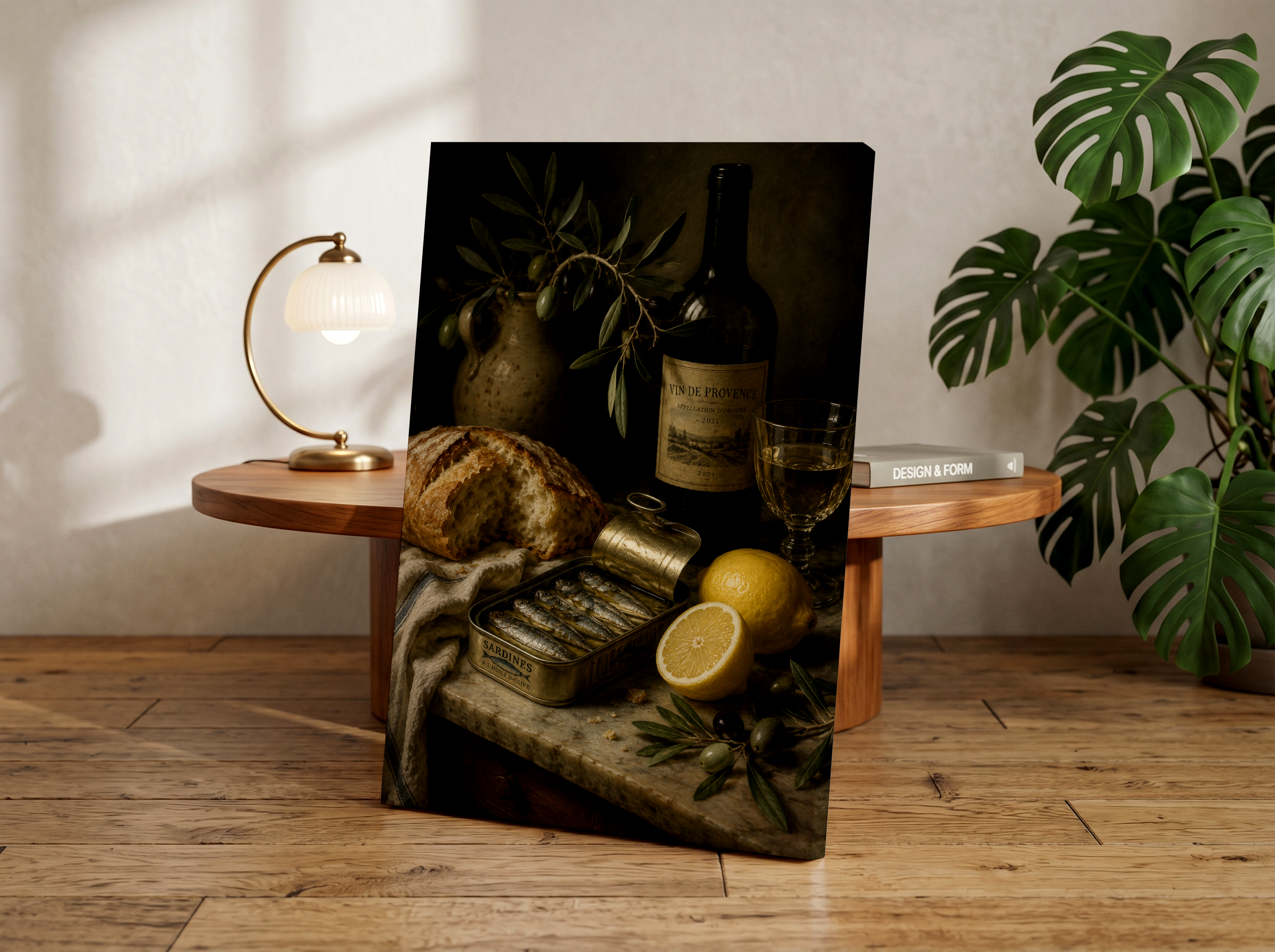 Sardine Tin Still Life Wall Art, Mediterranean Kitchen Decor, Dutch Master Inspired Food Painting, Rustic Coastal Kitchen Print, Wine and Bread Artwork