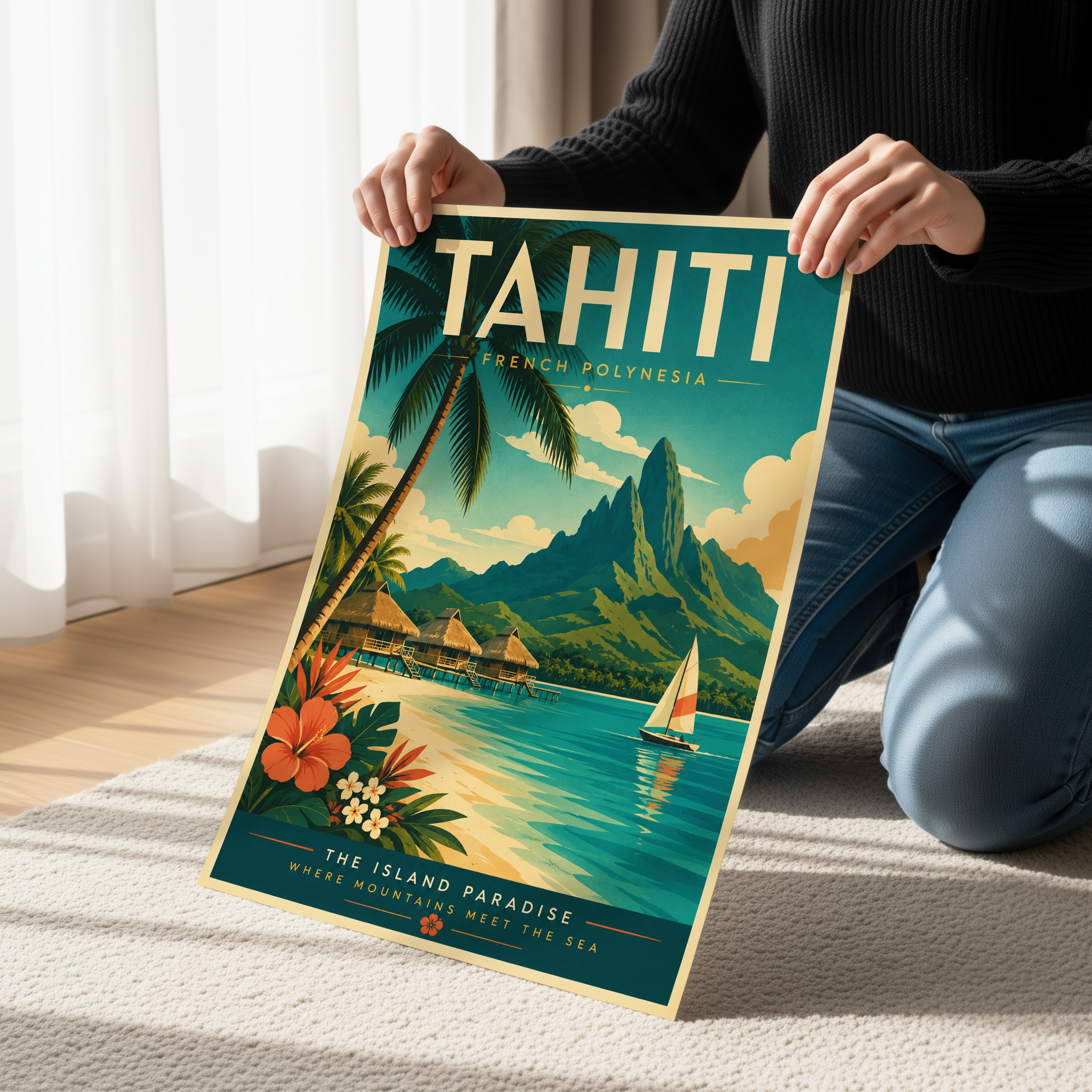 Tahiti Travel Poster, French Polynesia Wall Art, Tropical Beach Print, Bora Bora Inspired Artwork, Island Paradise Decor, Vintage Travel Poster, Coastal Wall Art