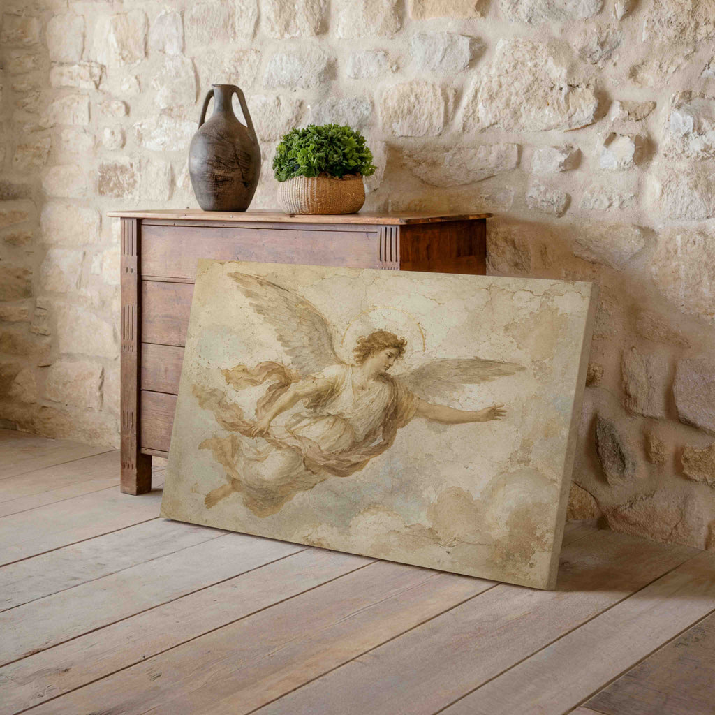 Vintage Angel Fresco Wall Art | Classical Heavenly Figure Print | Antique Celestial Canvas