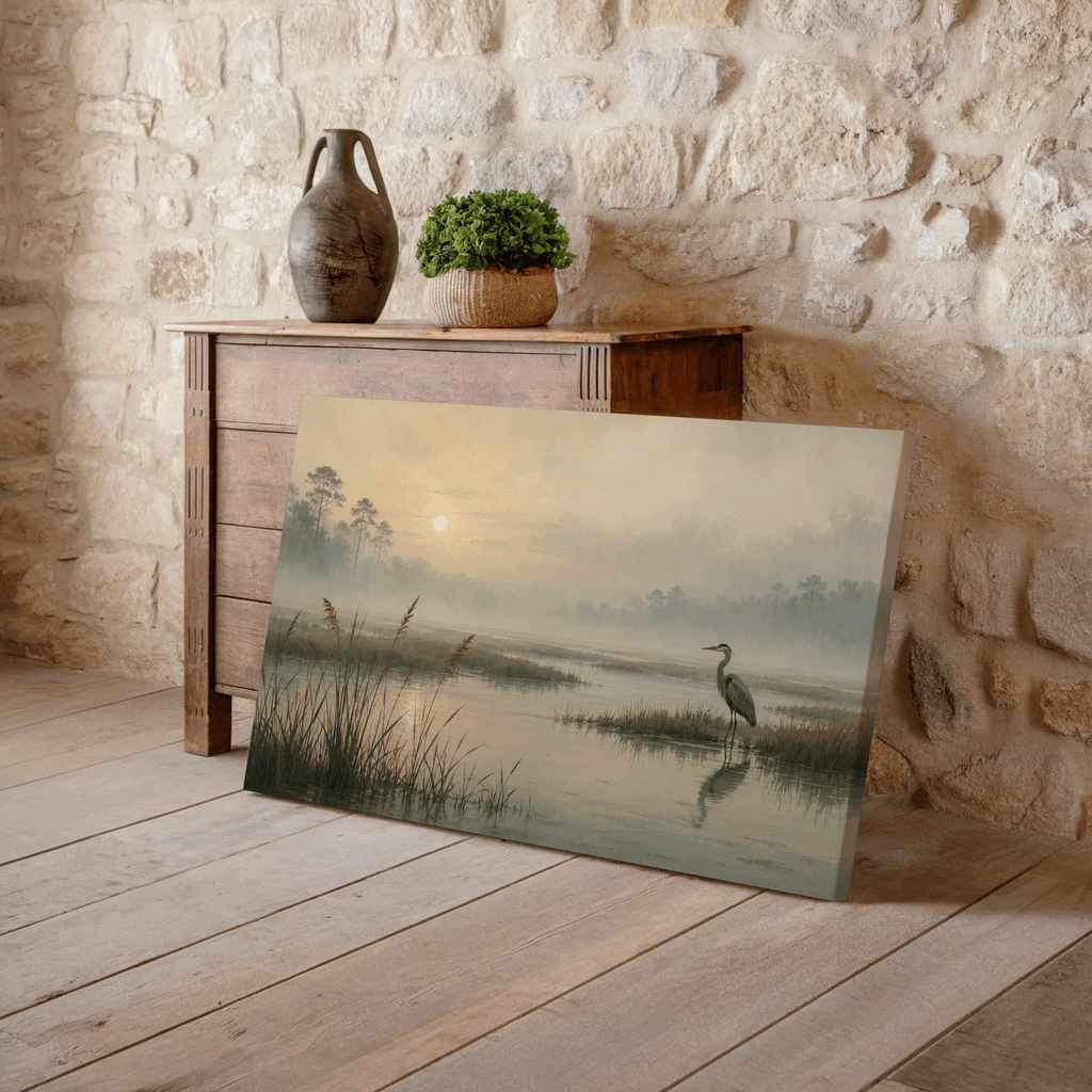 Foggy Wetland Heron Wall Art, Neutral Coastal Landscape Print, Serene Marsh Nature Decor
