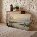 Foggy Wetland Heron Wall Art, Neutral Coastal Landscape Print, Serene Marsh Nature Decor
