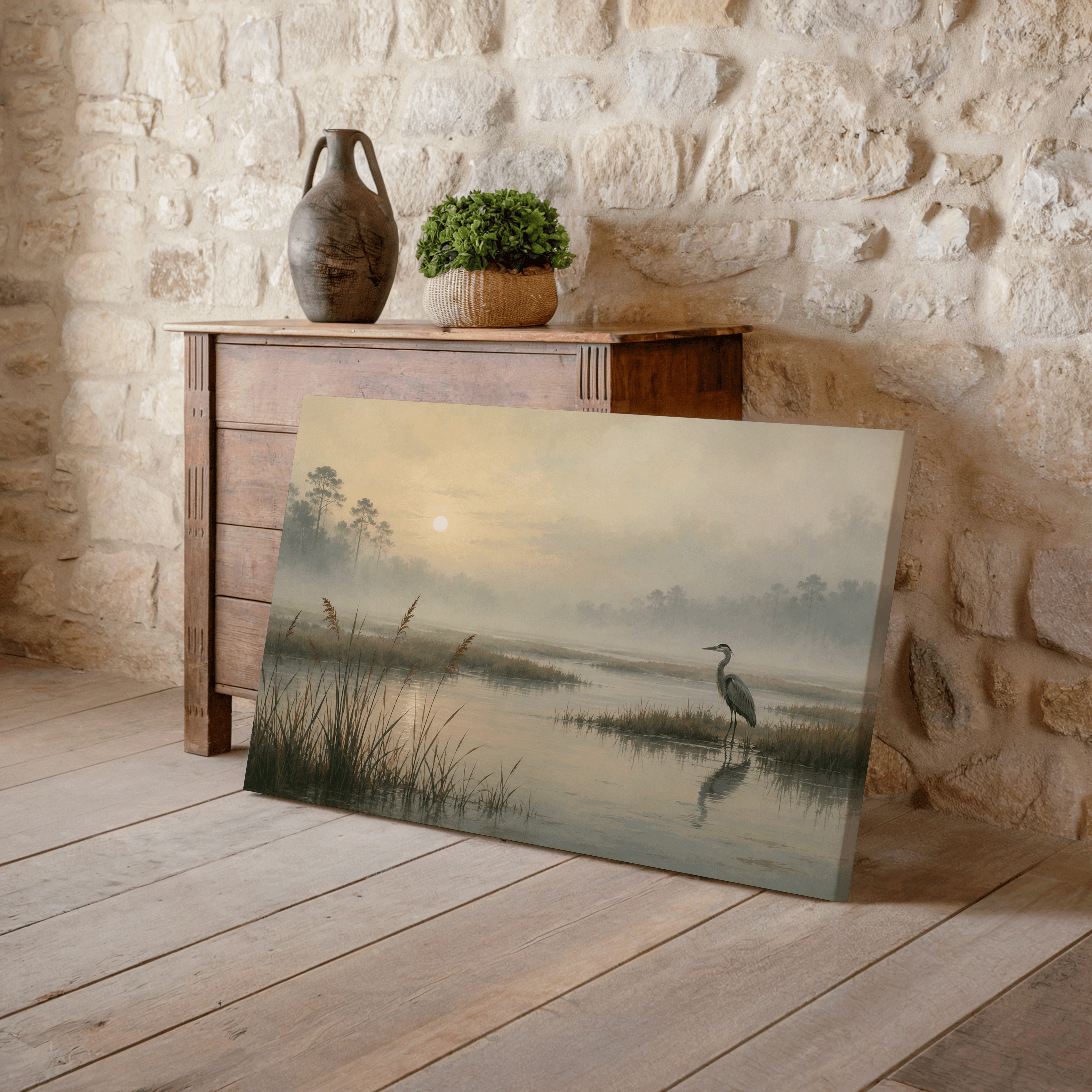 Foggy Wetland Heron Wall Art, Neutral Coastal Landscape Print, Serene Marsh Nature Decor