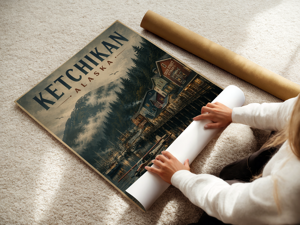 Ketchikan Alaska Vintage Travel Poster | Creek Street Harbor Wall Art Canvas Print