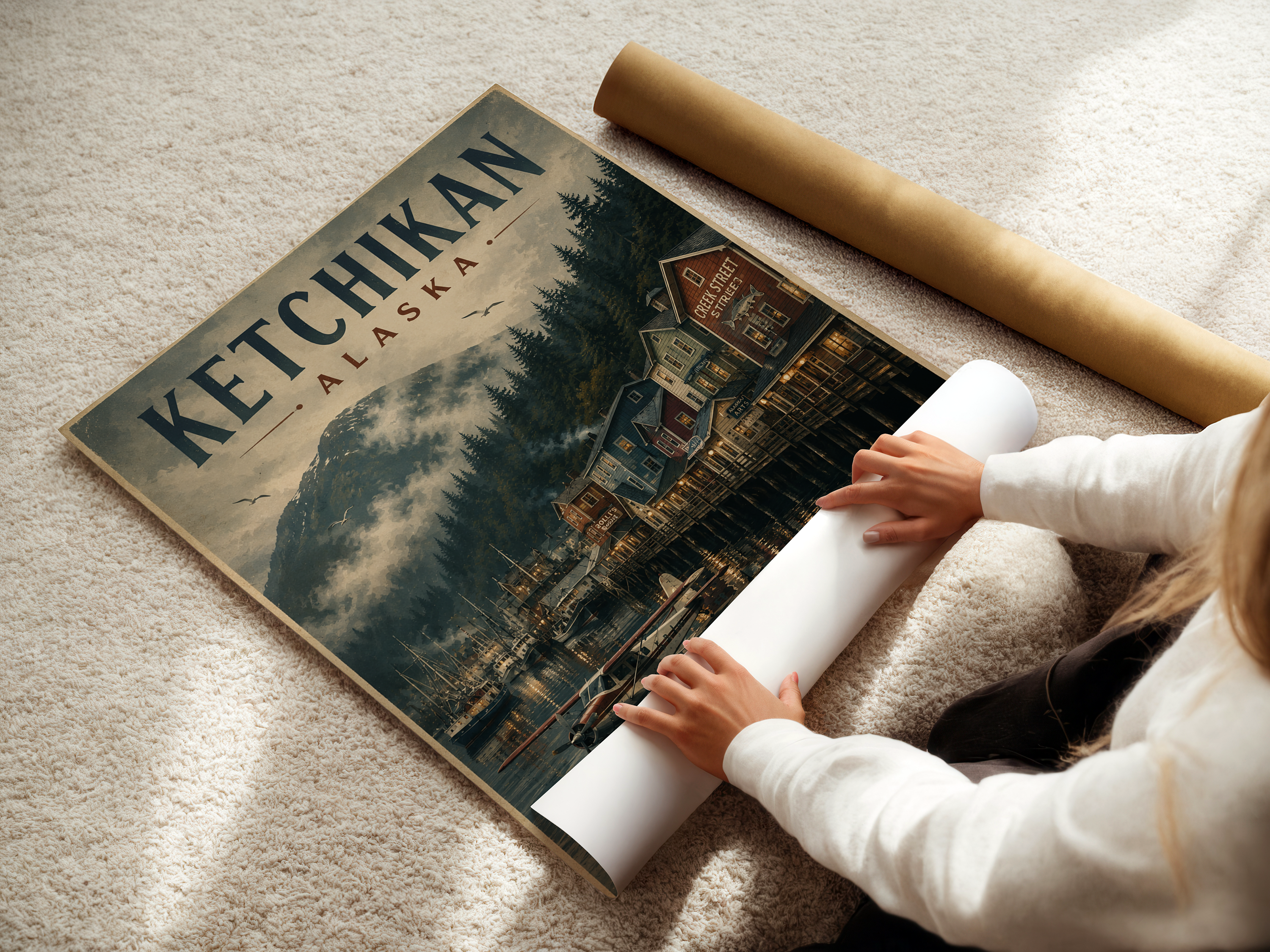 Ketchikan Alaska Vintage Travel Poster | Creek Street Harbor Wall Art Canvas Print