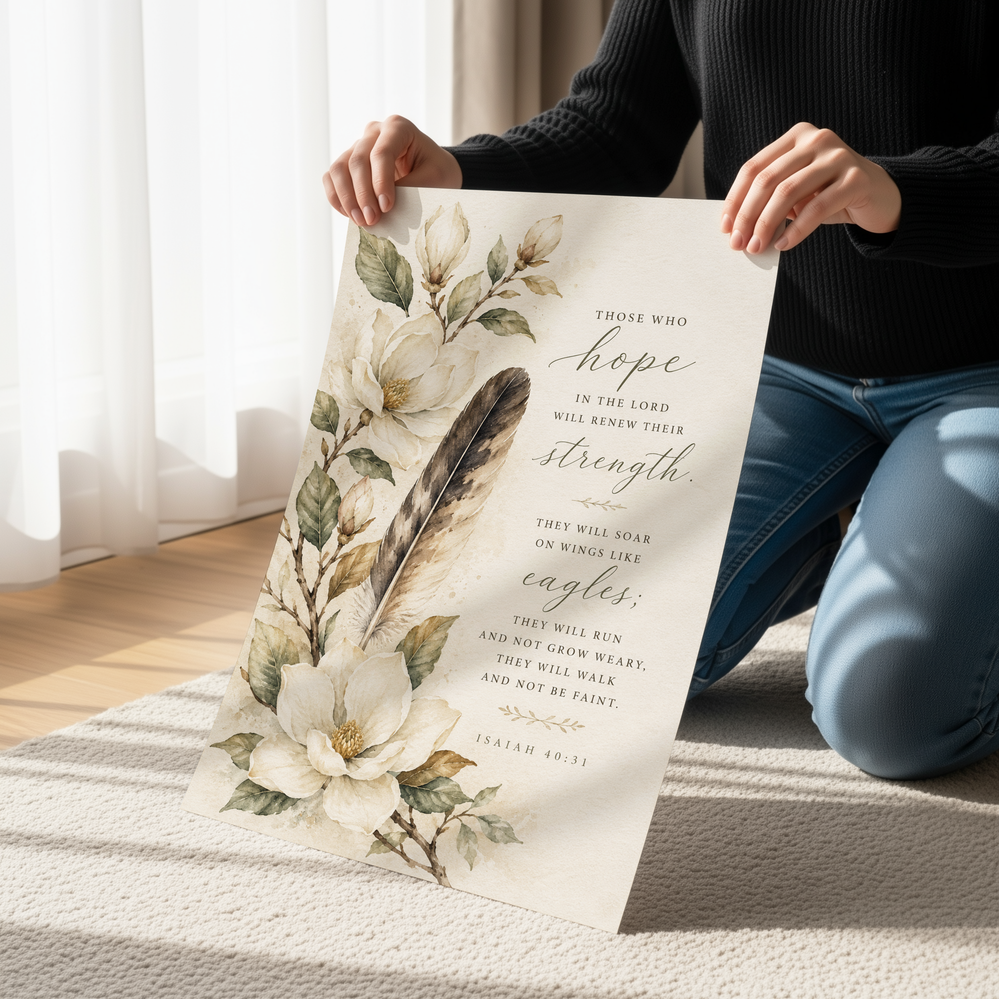Isaiah 40:31 Wall Art | Magnolia Christian Print | Those Who Hope in the Lord Scripture Decor | Botanical Bible Verse Artwork | Christian Home Decor