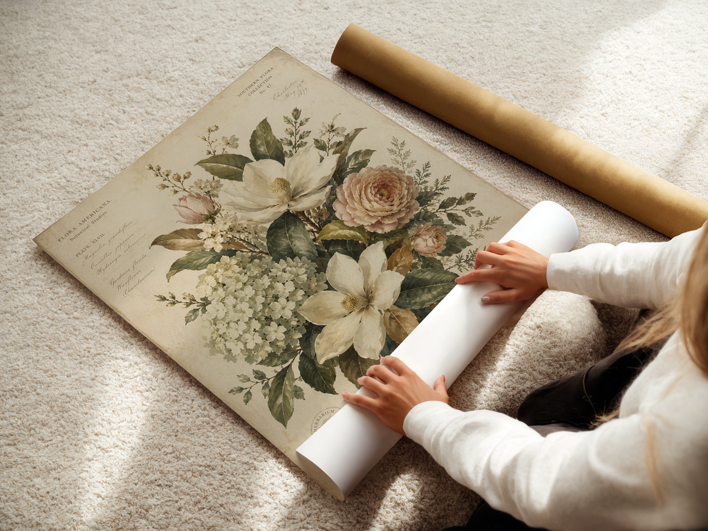 Vintage Botanical Wall Art Print | Southern Magnolia Floral Illustration