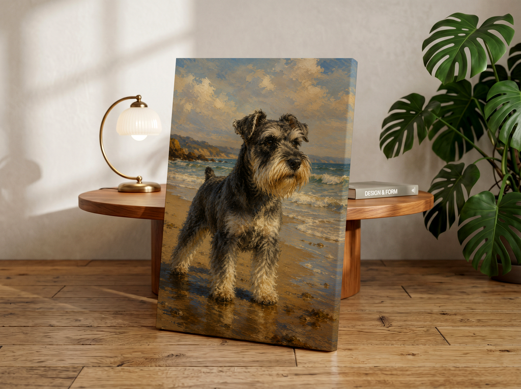 Miniature Schnauzer Beach Wall Art, Coastal Dog Portrait, Ocean Landscape Print, Seaside Schnauzer Artwork, Beach House Decor, Dog Lover Gift
