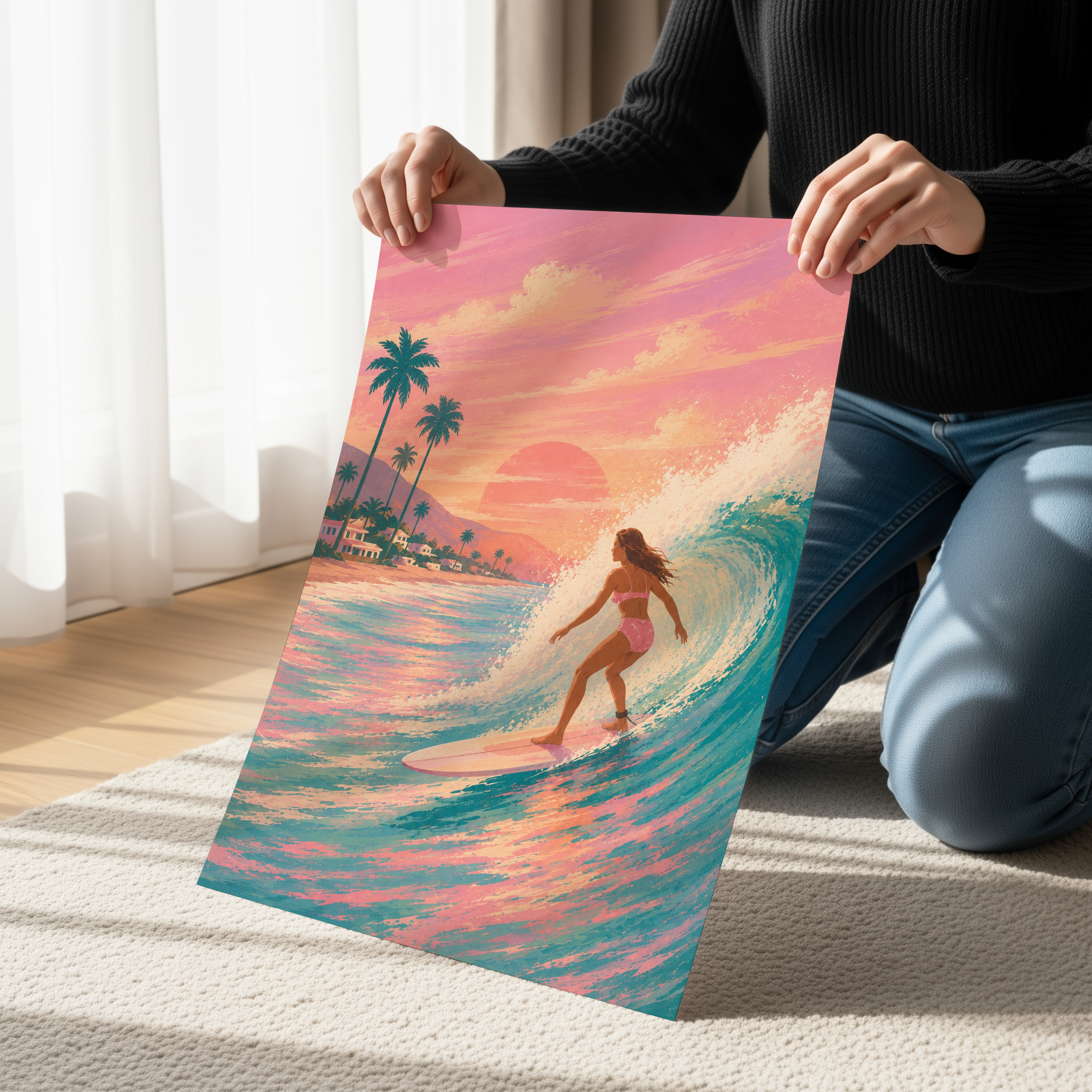 Pink Surf Wall Art Print, Surfing Beach Poster, Coastal Sunset Artwork, Tropical Surf Decor, Surfer Girl Wall Art, Beach House Coastal Print