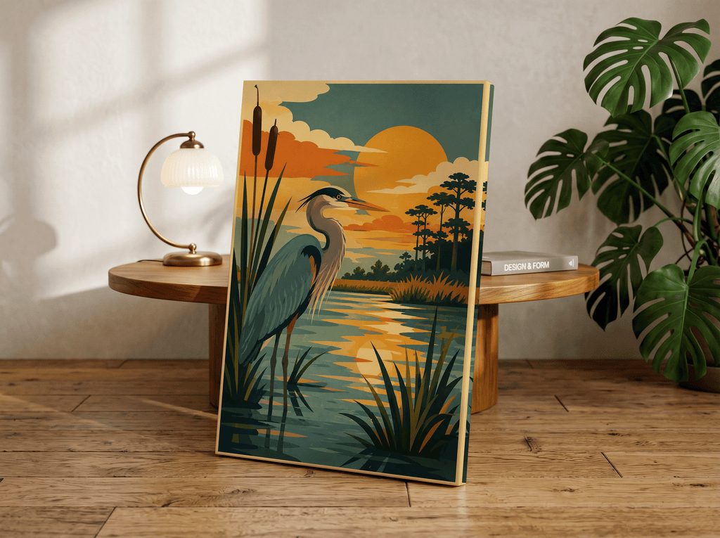 Retro Blue Heron Wall Art Print, Mid Century Coastal Marsh Sunset Poster, Wetland Bird Nature Decor