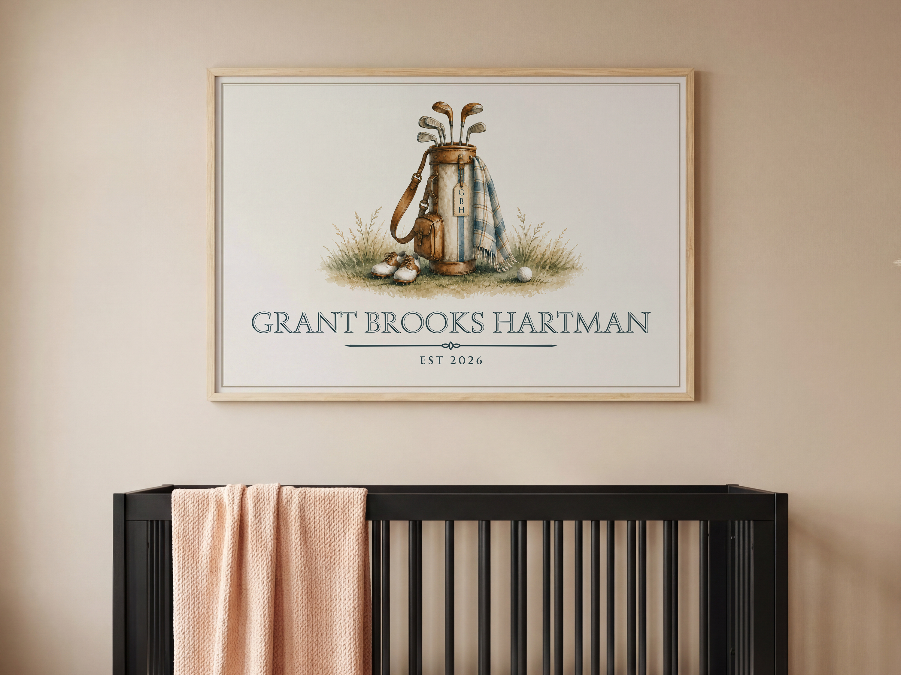 Personalized Golf Nursery Print | Vintage Golf Bag Baby Name Wall Art